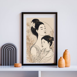 Asian Mother & Daughter – Minimalist Boho Line Art ポスター