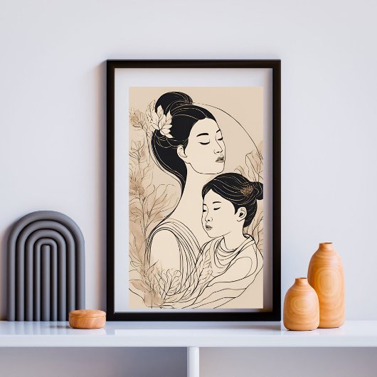 Asian Mother & Daughter – Minimalist Boho Line Art ポスター