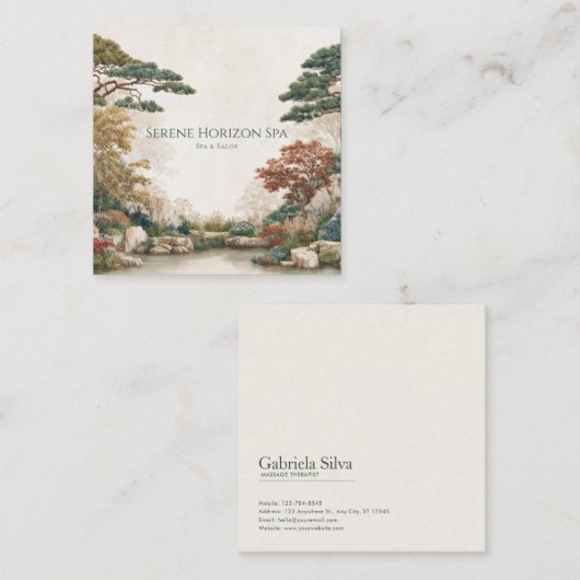 Asian Pine Tree Garden Serene Waterscape Artistic スクエア名刺 (正面/裏面)
