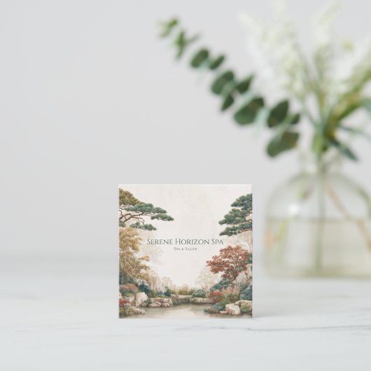 Asian Pine Tree Garden Serene Waterscape Artistic スクエア名刺 (スタンド正面)
