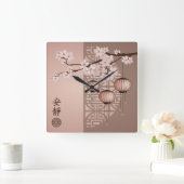Asian pink lanterns and cherry blossom "Welcome" スクエア壁時計 (ホーム)