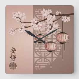 Asian pink lanterns and cherry blossom "Welcome" スクエア壁時計