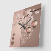 Asian pink lanterns and cherry blossom "Welcome" スクエア壁時計 (傾斜)