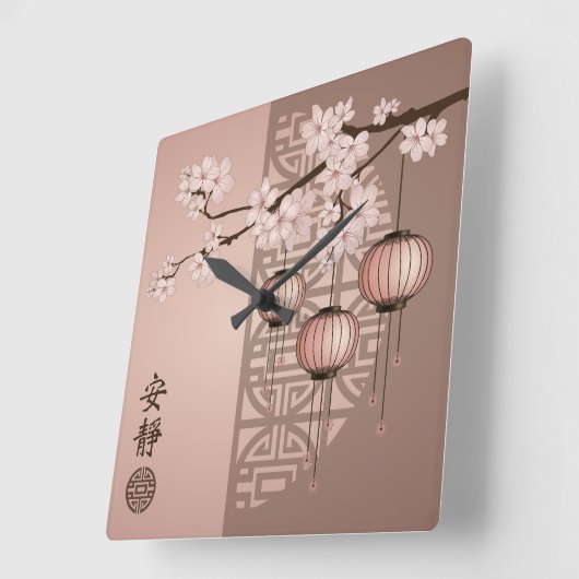 Asian pink lanterns and cherry blossom "Welcome" スクエア壁時計 (傾斜)