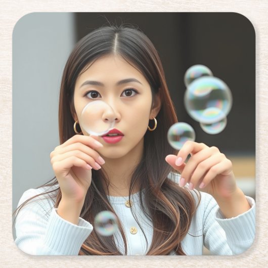 Asian Student 吹 Bubbles Coaster Set スクエアペーパーコースター (正面)