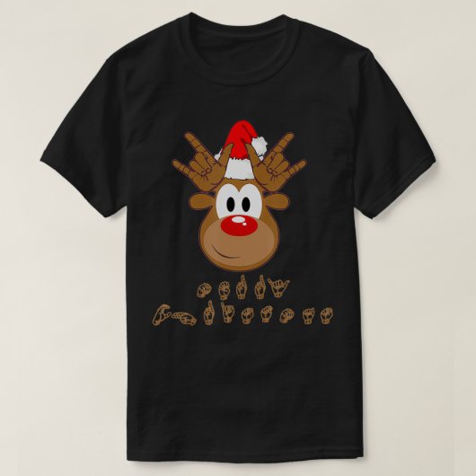 ASLサイン言語聴覚障害者クリスマストナカイ Tシャツ (デザイン正面)