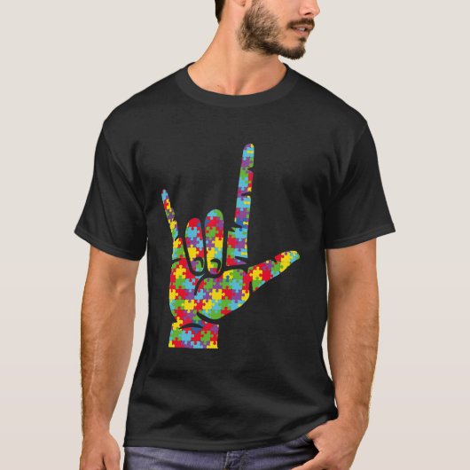 ASLラブサイン言語手自閉症意識パズル Tシャツ (正面)