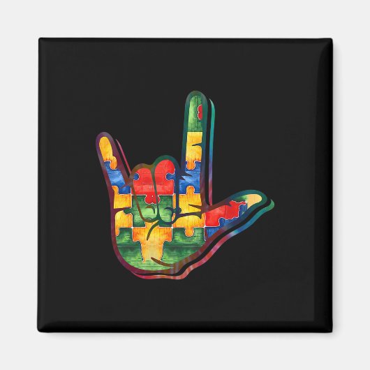 ASLラブサイン言語自閉症啓発サポートPu マグネット (正面)