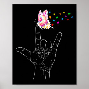 ASL I Love You Hand Sign Language Butterfly Autism ポスター