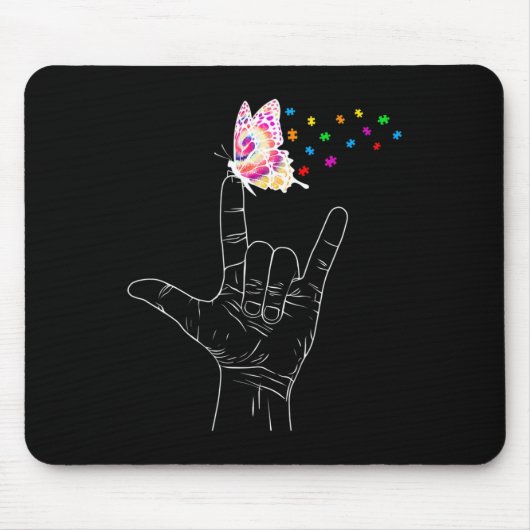 ASL I Love You Hand Sign Language Butterfly Autism マウスパッド (正面)