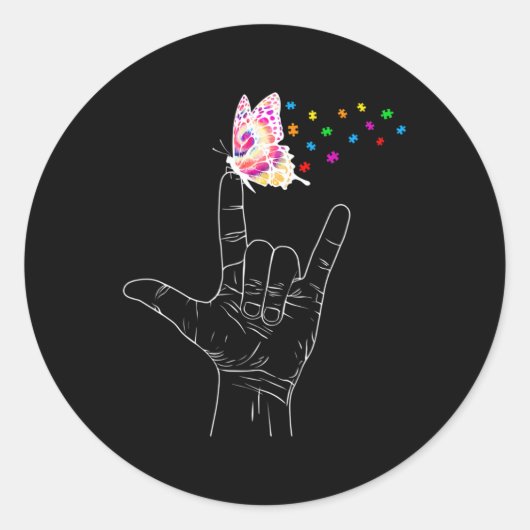 ASL I Love You Hand Sign Language Butterfly Autism ラウンドシール (正面)
