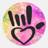 ASL I Love You Sign With ハート ラウンドシール (正面)