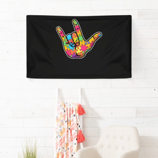 ASL Love Sign Language Autism Awareness Support 横断幕 (インサイチュ)