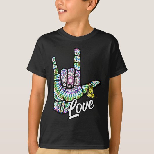 ASL Love You Hand Sign Language Butterfly Faawa Tシャツ (正面)
