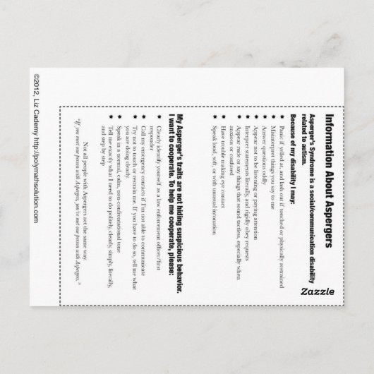 Aspergers Information Card v.2.0 ポストカード (裏面)