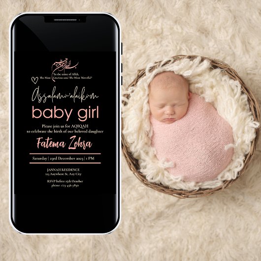 AssalamualaikumベビーガールMuslim Aqiqah BlackPink 招待状