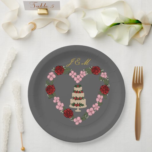 Assiette décorative grise pour gâteau avec cœur ペーパープレート (ウェディング)