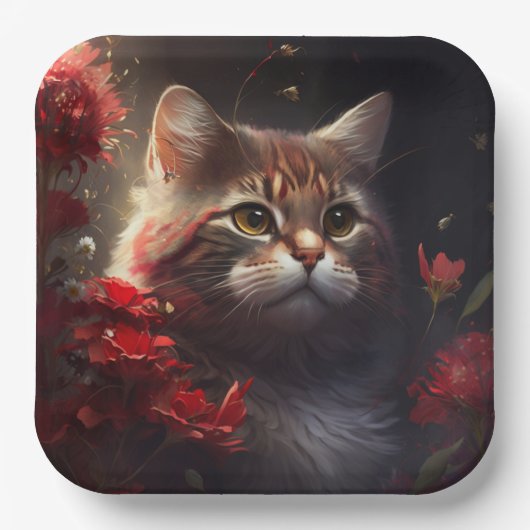 Assiette en carton chat fleur ペーパープレート (正面)