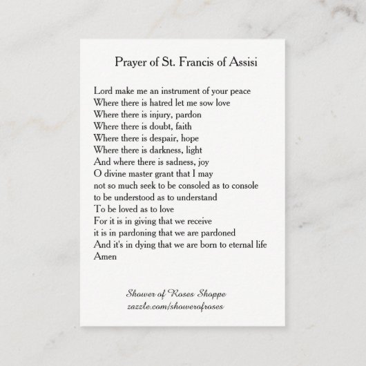 Assisiの神聖なカードのSt Francisの祈りの言葉 名刺 (裏面)