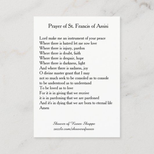 Assisiの神聖なカードのSt Francisの祈りの言葉 名刺 (裏面)