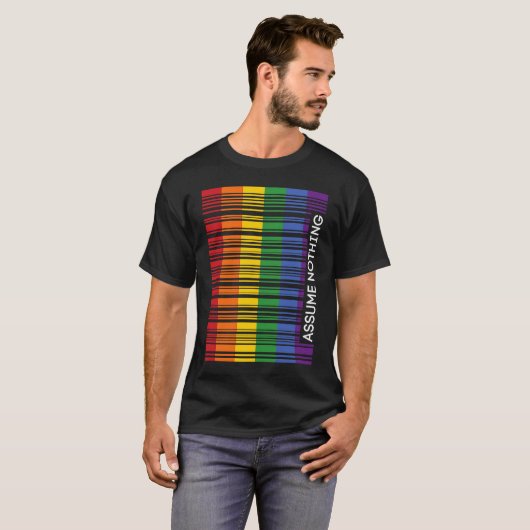 Assume Nothing Gay Pride Flag Rainbow Barcode Prid Tシャツ (正面フル)