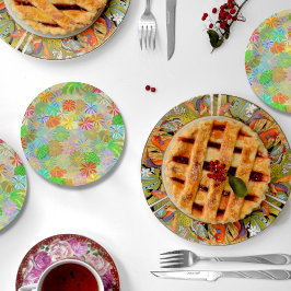 Aster & Coneの花と熱帯離れの水彩 ペーパープレート