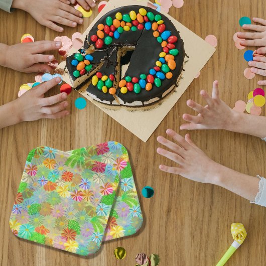 Aster & Coneの花と熱帯離れの水彩 ペーパープレート