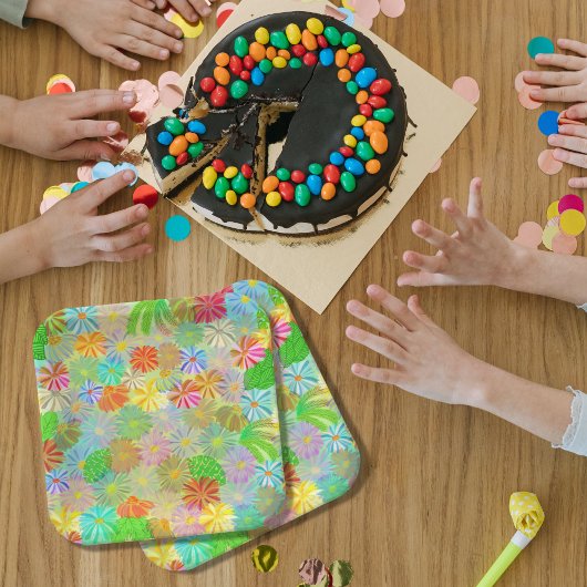 Aster & Coneの花と熱帯離れの水彩 ペーパープレート