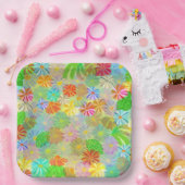 Aster & Coneの花と熱帯離れの水彩 ペーパープレート (パーティー)