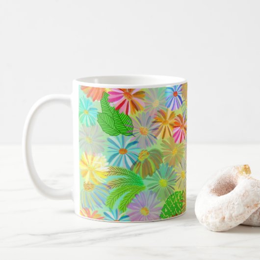 ASTER & CONE FLOWERS & TROPICAL LEAVES WATERCOLOR  コーヒーマグカップ (ドーナツ)