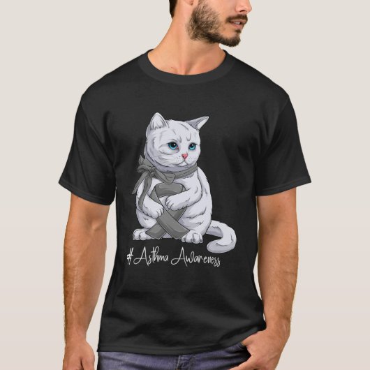 Asthma Awareness Month Gray Ribbon Cat Tシャツ (正面)