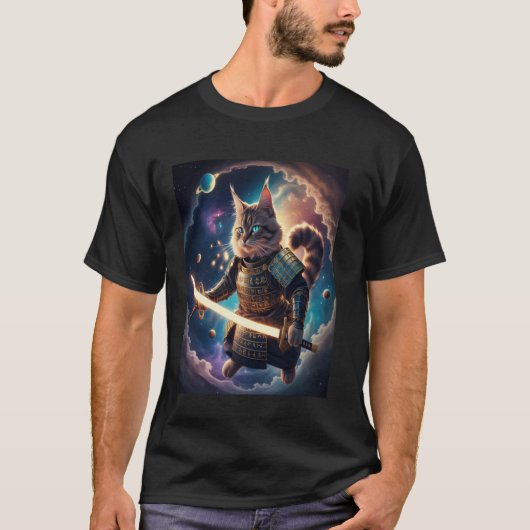 Astral Samurai Cat Guardian of the Celestial Waves Tシャツ (正面)