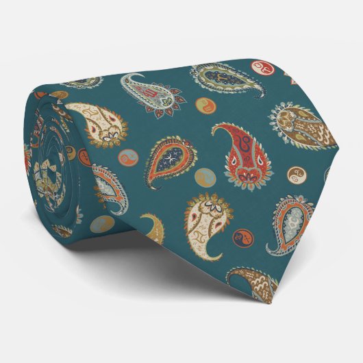  Astro Paisley & Yin Yang Dots Teal Orange Olive ネクタイ (ロール)