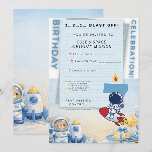 Astronaut 誕生日招待状 – 楽しい宇宙へ飛び出そう! 招待状 (正面/裏面)