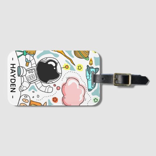 Astronaut and Space Doodles Personalised ラゲッジタグ (正面横)