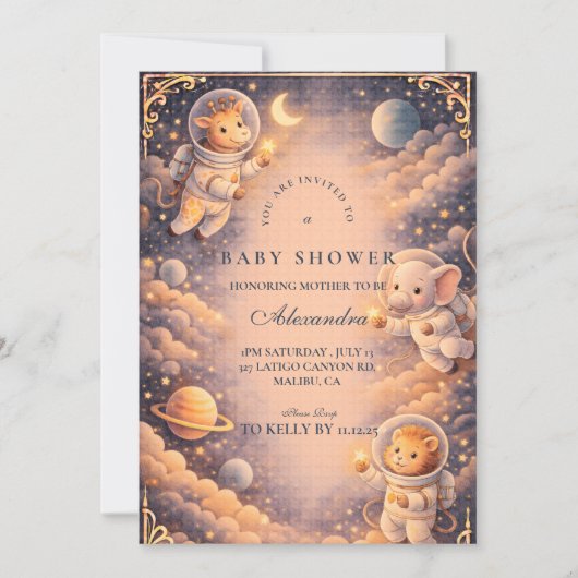 Astronaut Animals Space Baby Shower 招待状 (正面)