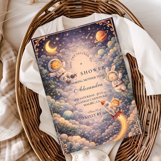 Astronaut Animals Space Baby Shower 招待状