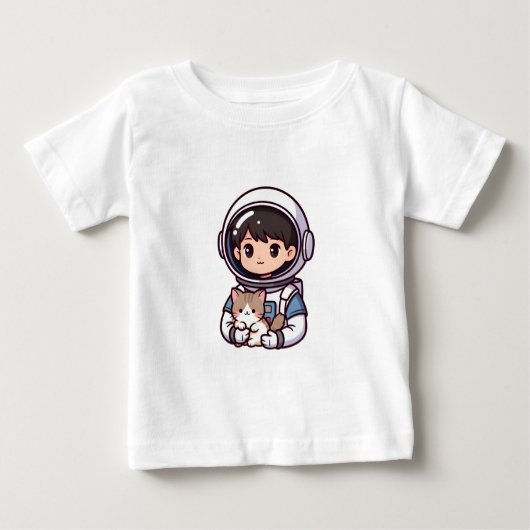 Astronaut Boy N' Cat Cute Cartoon Dreamer ベビーTシャツ (正面)