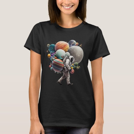 Astronaut carrying Planets and Moons in Space Tシャツ (正面)