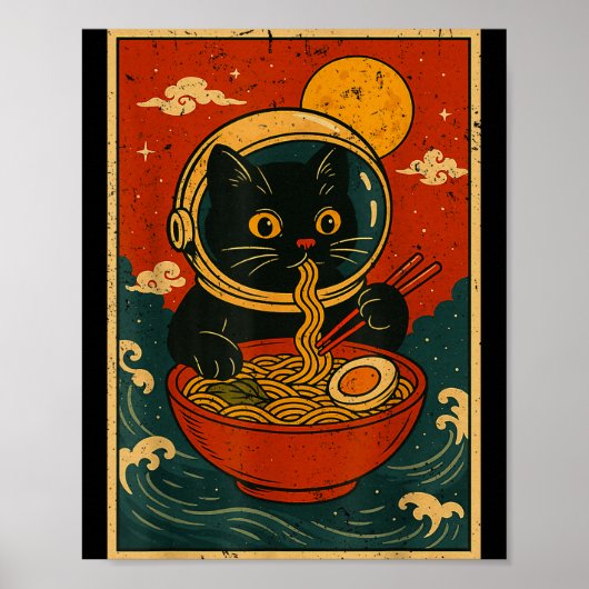 Astronaut Cat Ramen Japanese Graphic Tees Men Wome ポスター (正面)