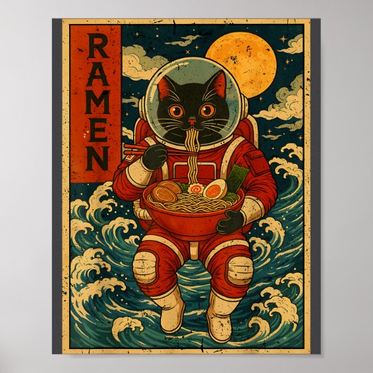 Astronaut Cat Ramen Japanese Graphic Tees Men Wome ポスター (正面)