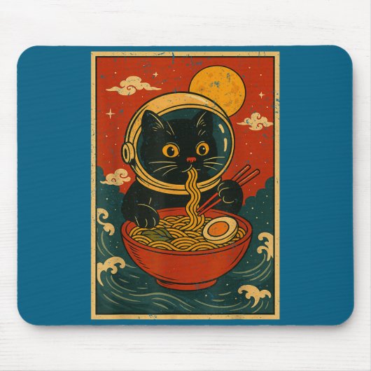 Astronaut Cat Ramen Japanese Graphic Tees Men Wome マウスパッド (正面)