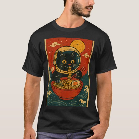 Astronaut Cat Ramen Japanese Graphic Tees Men Wome Tシャツ (正面)
