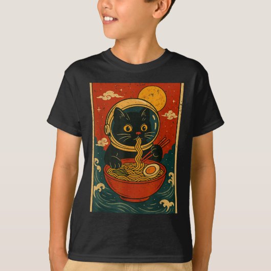 Astronaut Cat Ramen Japanese Graphic Tees Men Wome Tシャツ (正面)
