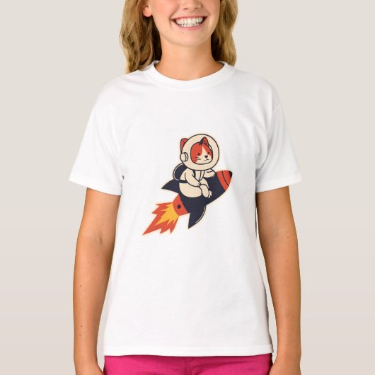 Astronaut Cat Riding Rocket – Cosmic Adventure Des Tシャツ (正面)