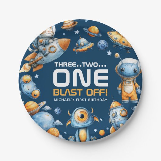 Astronaut Cat Space Rocket Blast Off 1st Birthday  ペーパープレート (正面)