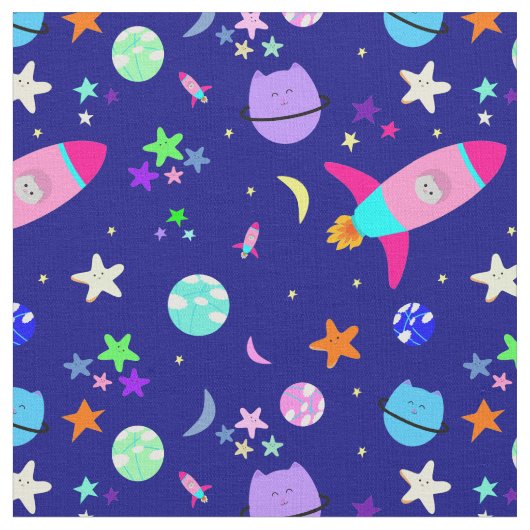astronaut cat spaceship galaxy ファブリック (クローズアップ)
