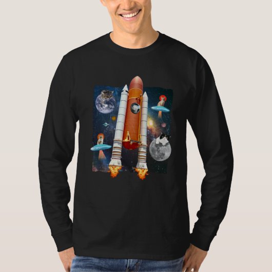 Astronaut Cats In Outer Space Meow Spaceship UFO K Tシャツ (正面)