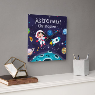 Astronaut child on the moon, monogrammed name スクエア壁時計