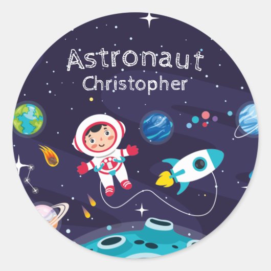 Astronaut child on the moon, monogrammed name  ラウンドシール (正面)